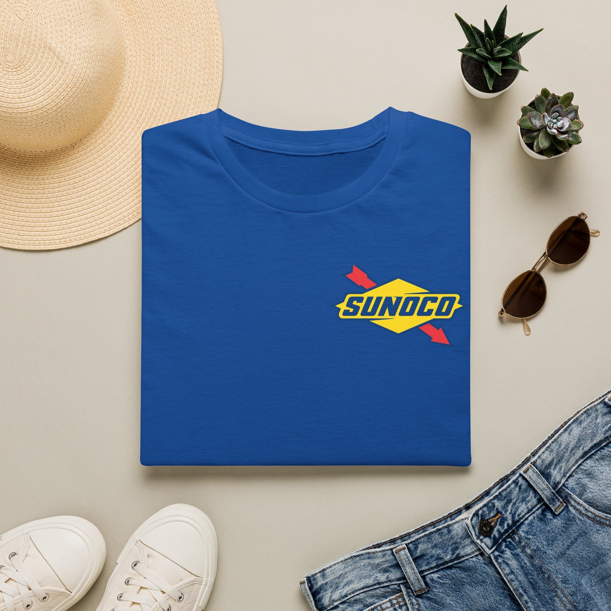 Blue / White Sunoco Gas Station Logo Tee — Sunoco Chest Print T‑Shirt