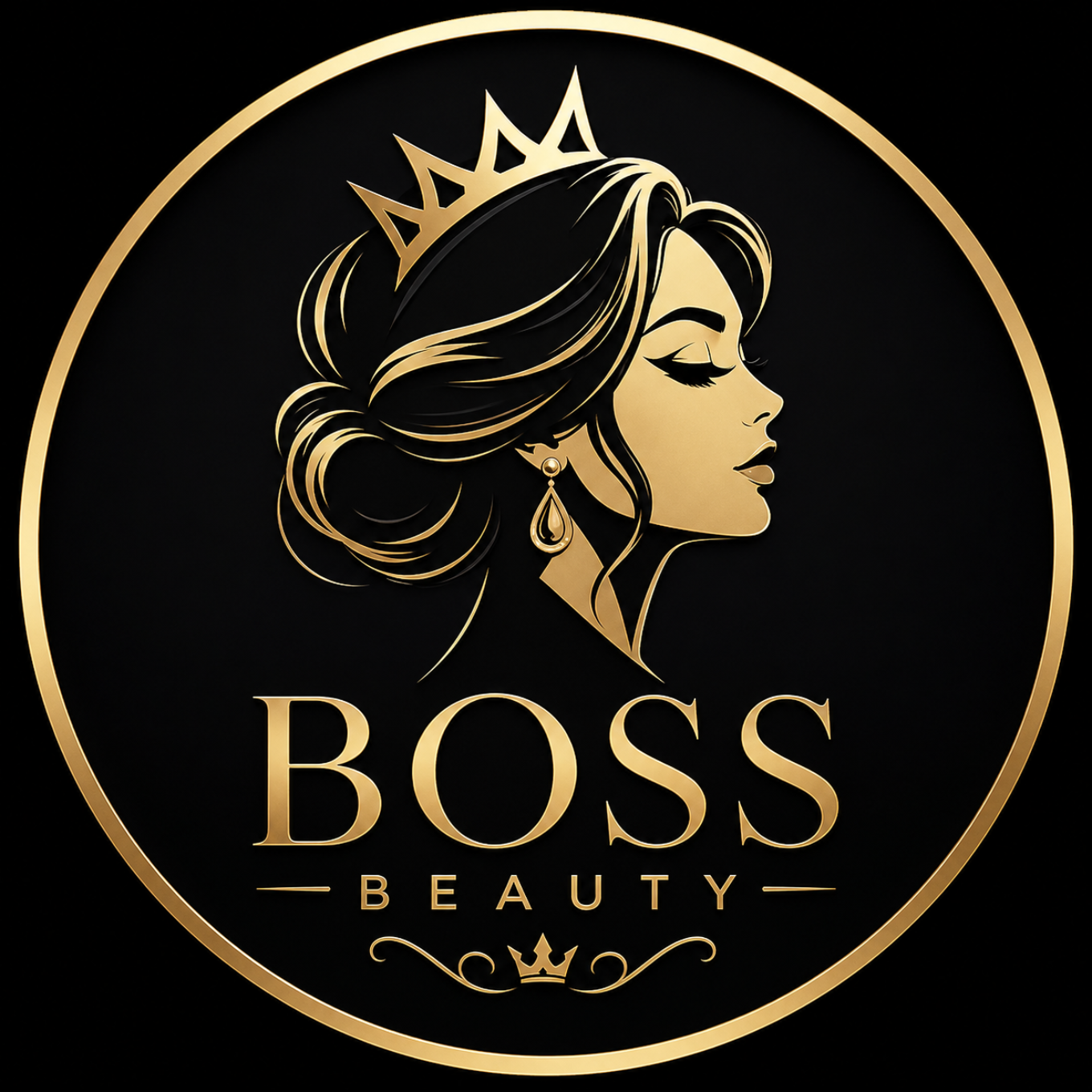 Logo of 'BOSS Beauty' with a stylized woman's profile and crown on a black background.