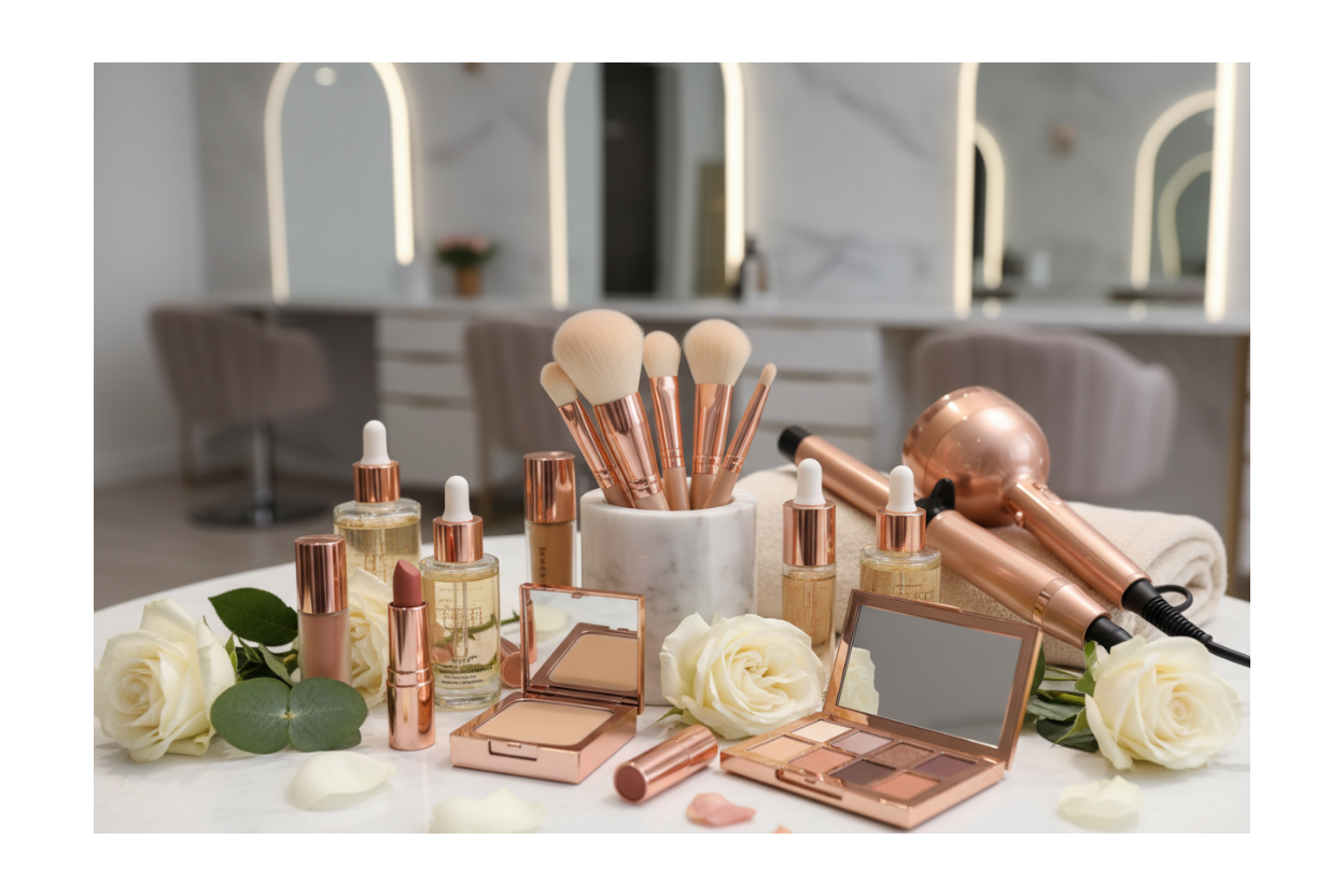 Makeup products including brushes, bottles, and tools on a table with a blurred background